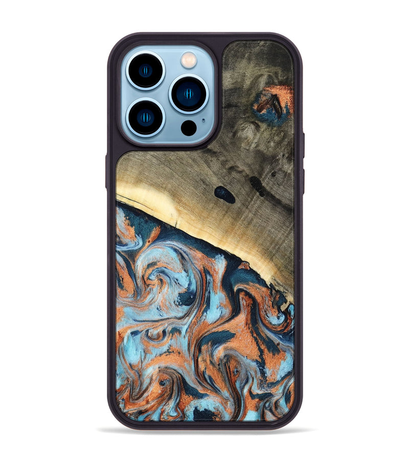 iPhone 14 Pro Max Wood Phone Case - Kaleb (Teal & Gold, 798641)