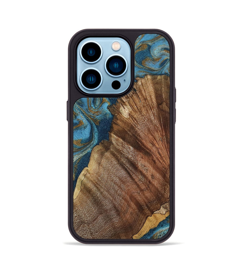 iPhone 14 Pro Wood Phone Case - Keira (Teal & Gold, 798648)