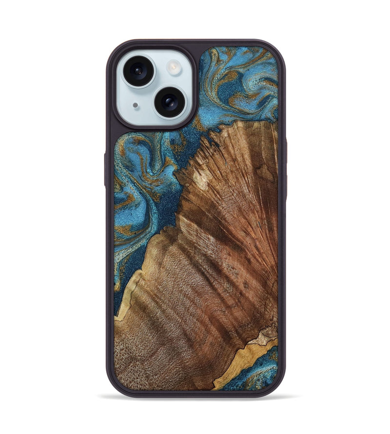 iPhone 15 Wood Phone Case - Keira (Teal & Gold, 798648)