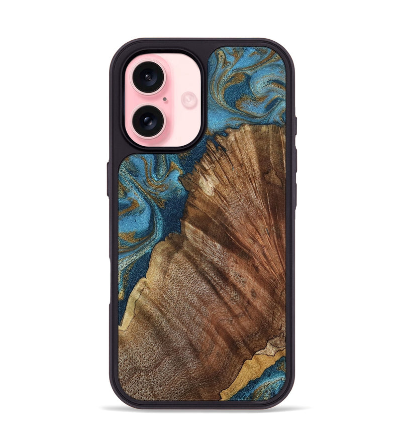 iPhone 16 Wood Phone Case - Keira (Teal & Gold, 798648)