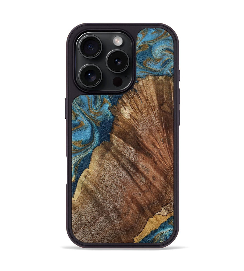 iPhone 16 Pro Wood Phone Case - Keira (Teal & Gold, 798648)