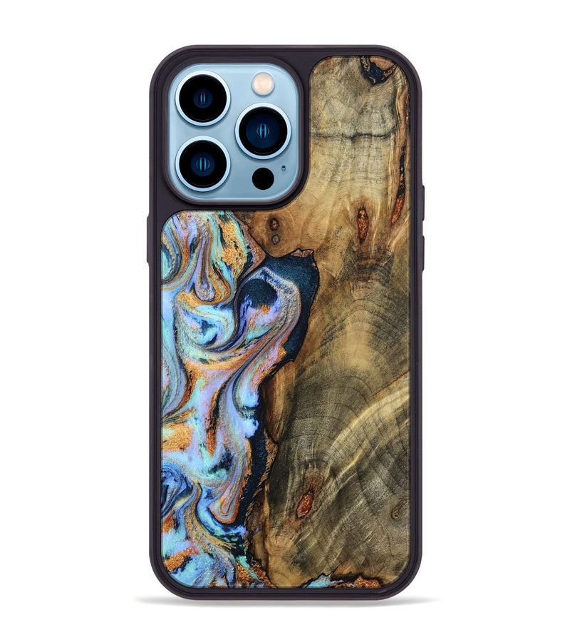 iPhone 14 Pro Max Wood Phone Case - Hilma (Teal & Gold, 798654)