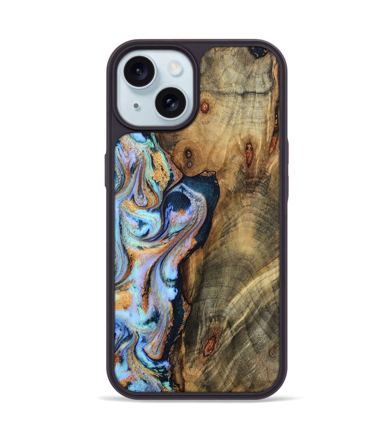 iPhone 15 Wood Phone Case - Hilma (Teal & Gold, 798654)