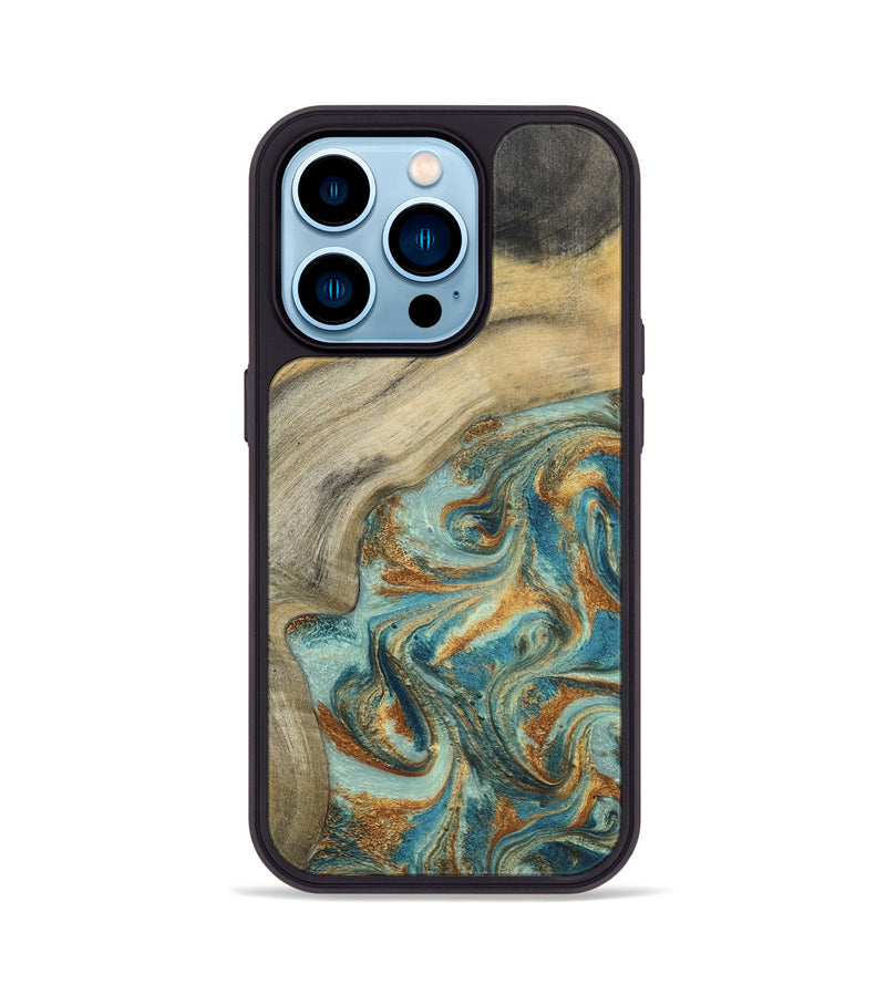 iPhone 14 Pro Wood Phone Case - Clayton (Teal & Gold, 798656)