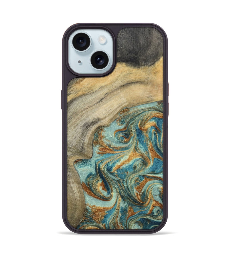 iPhone 15 Wood Phone Case - Clayton (Teal & Gold, 798656)