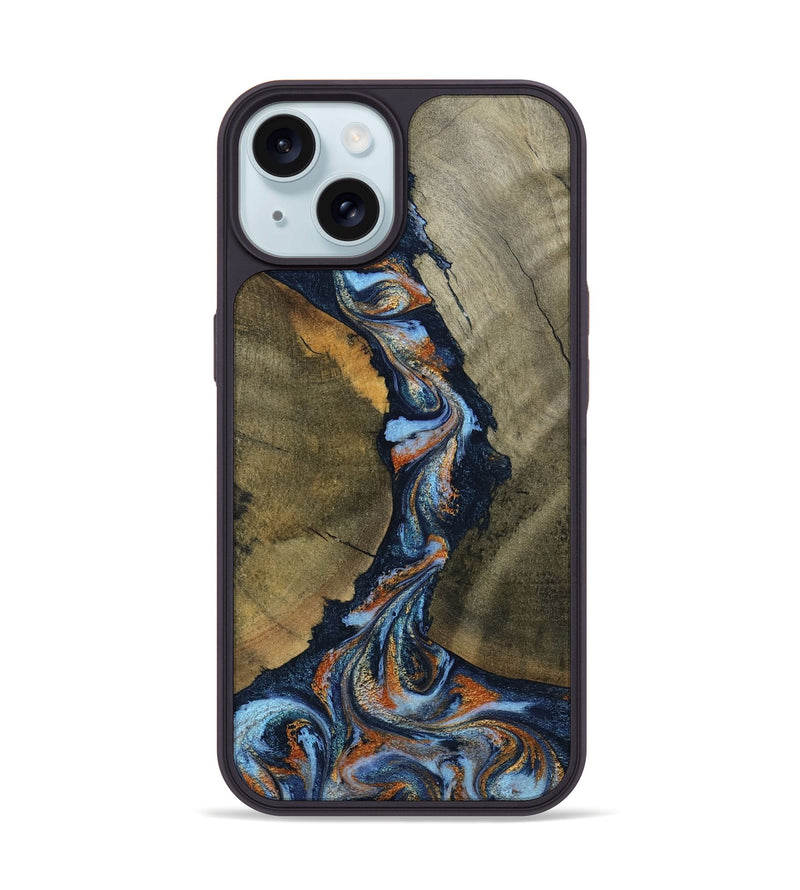 iPhone 15 Wood Phone Case - Aleta (Teal & Gold, 798657)