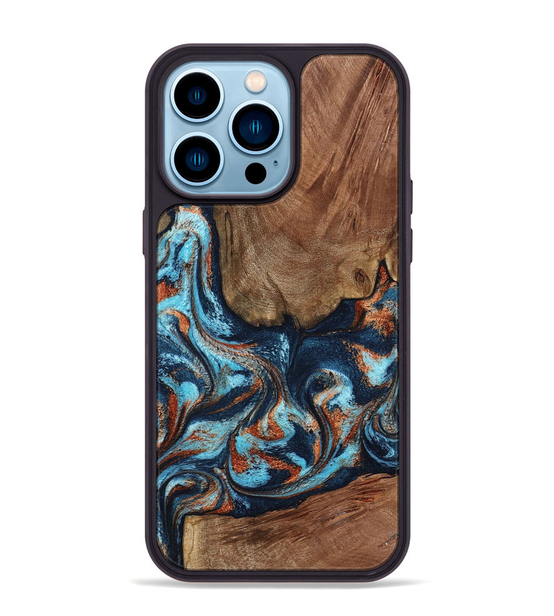 iPhone 14 Pro Max Wood Phone Case - Daisha (Teal & Gold, 798662)