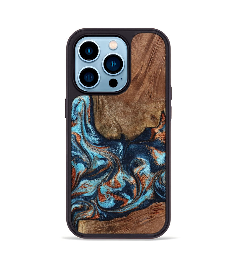 iPhone 14 Pro Wood Phone Case - Daisha (Teal & Gold, 798662)