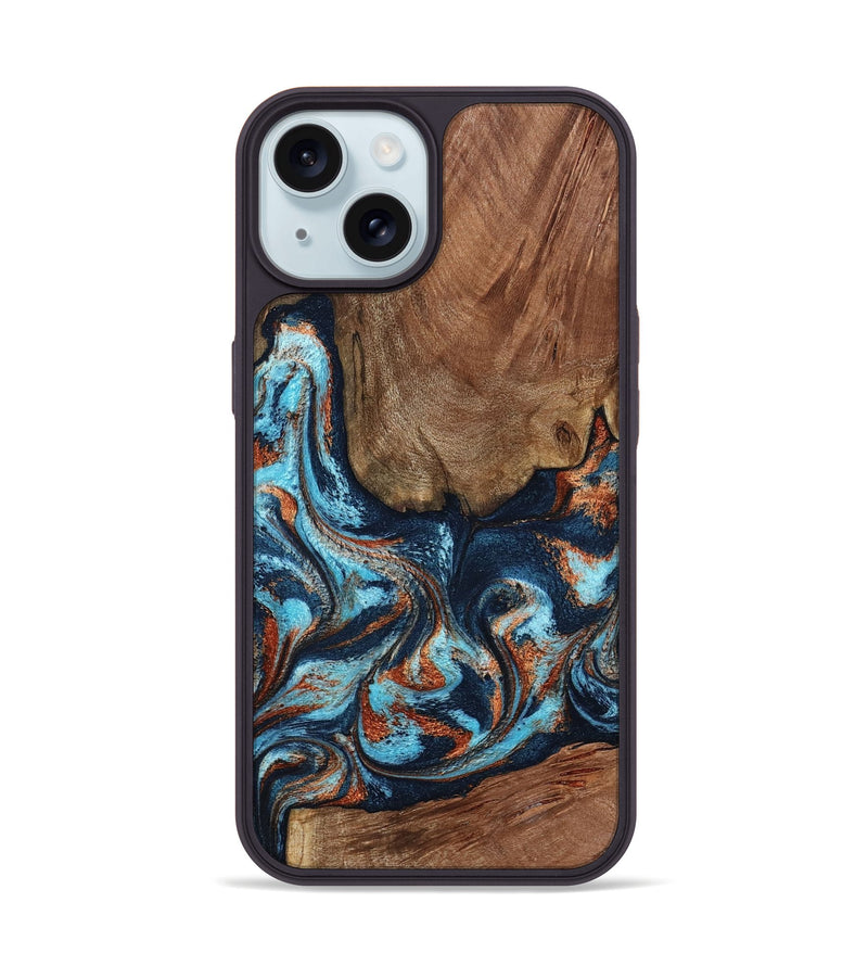 iPhone 15 Wood Phone Case - Daisha (Teal & Gold, 798662)