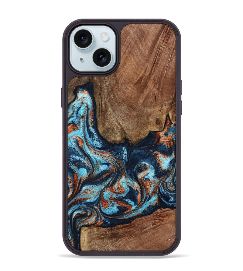 iPhone 15 Plus Wood Phone Case - Daisha (Teal & Gold, 798662)