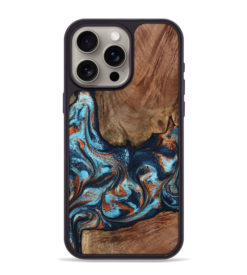 iPhone 15 Pro Max Wood Phone Case - Daisha (Teal & Gold, 798662)