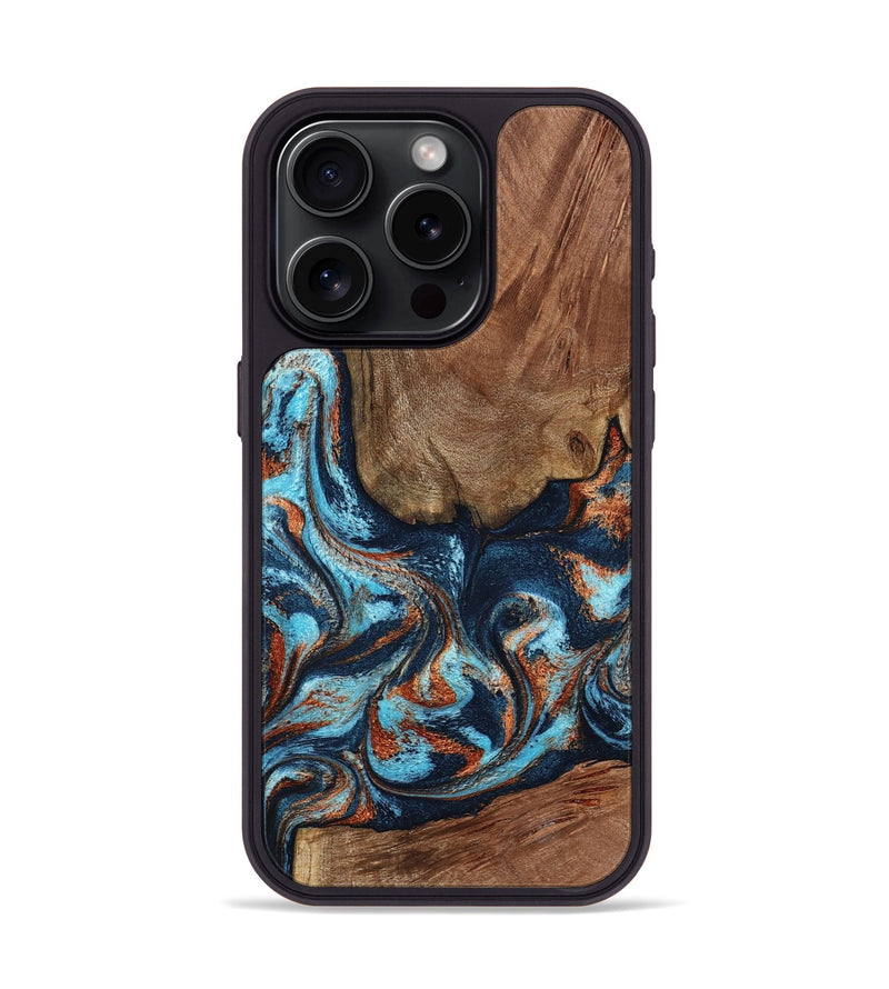 iPhone 15 Pro Wood Phone Case - Daisha (Teal & Gold, 798662)