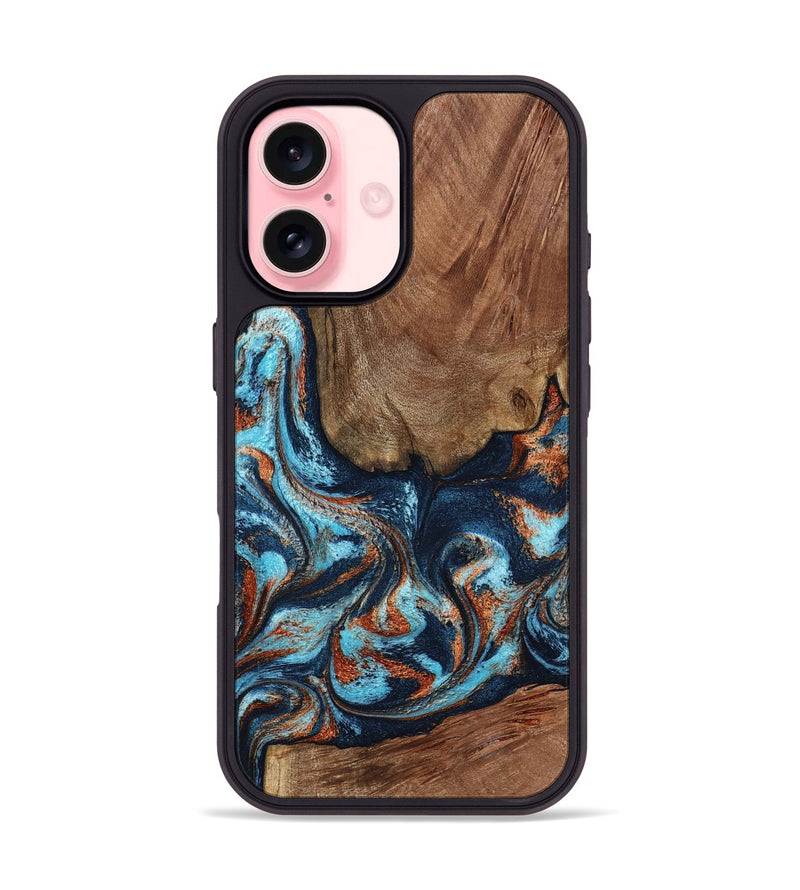 iPhone 16 Wood Phone Case - Daisha (Teal & Gold, 798662)