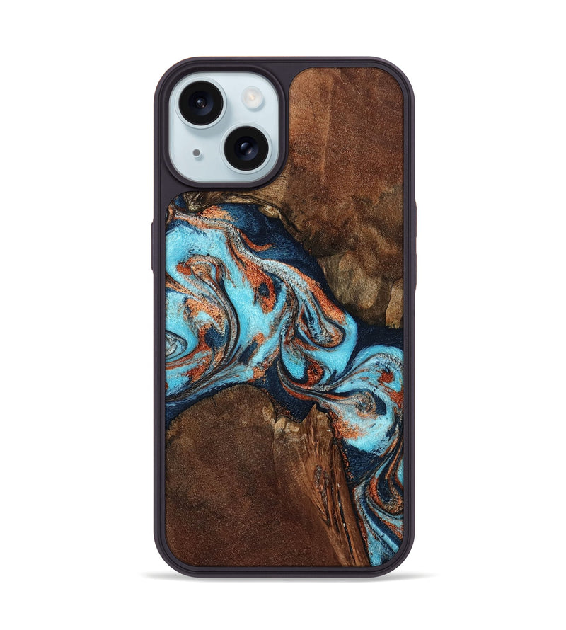 iPhone 15 Wood Phone Case - Karson (Teal & Gold, 798665)