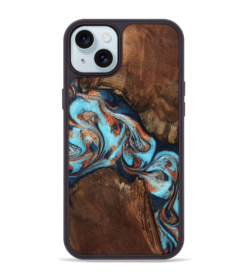 iPhone 15 Plus Wood Phone Case - Karson (Teal & Gold, 798665)