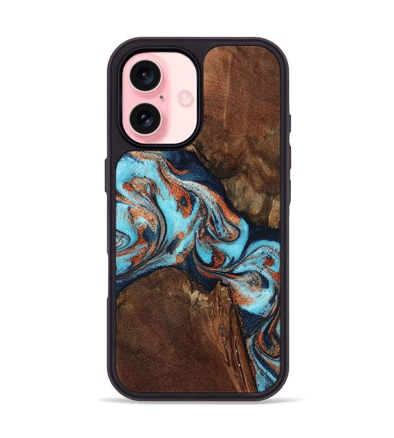 iPhone 16 Wood Phone Case - Karson (Teal & Gold, 798665)