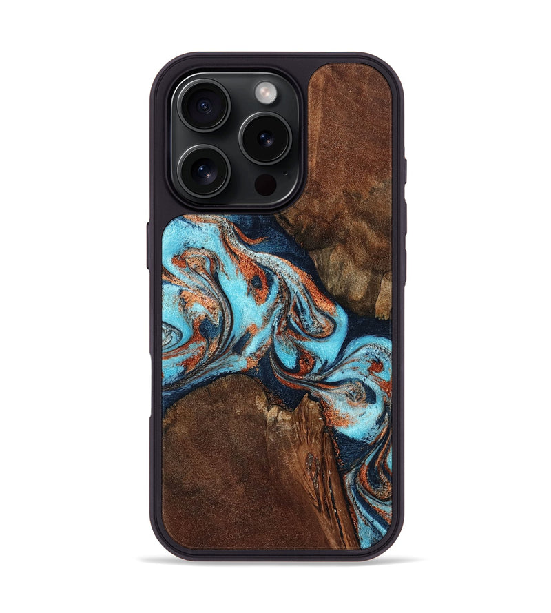 iPhone 16 Pro Wood Phone Case - Karson (Teal & Gold, 798665)