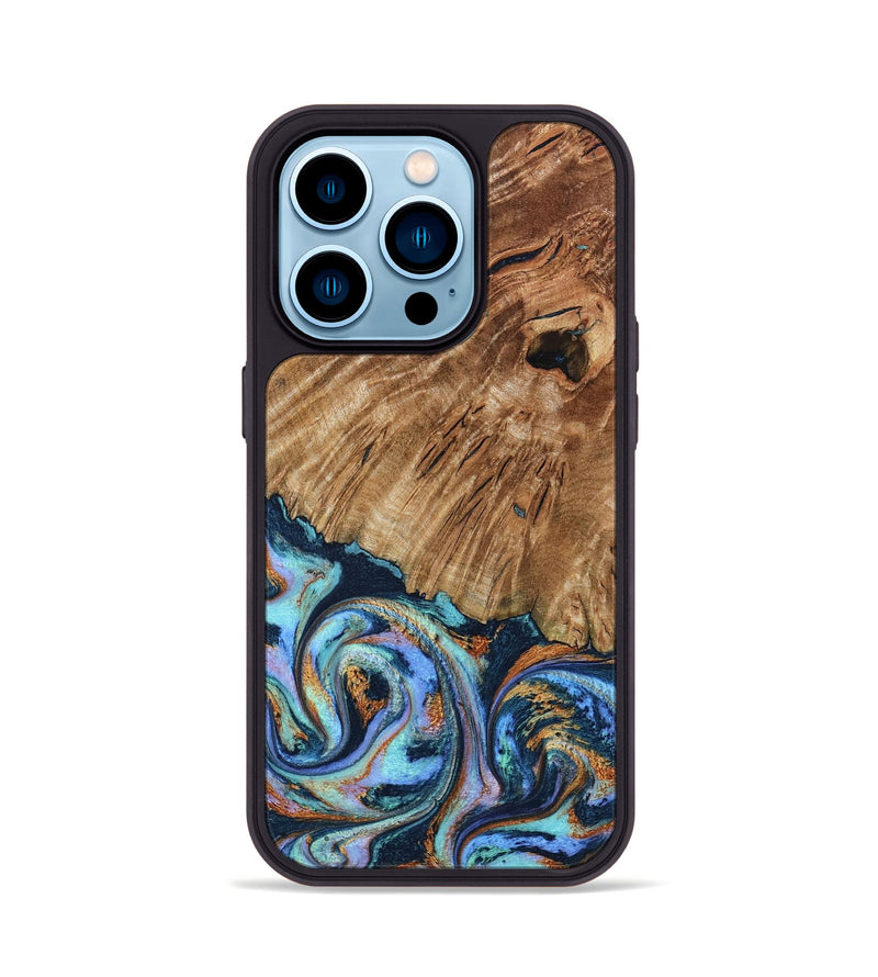 iPhone 14 Pro Wood Phone Case - Hermon (Teal & Gold, 798667)