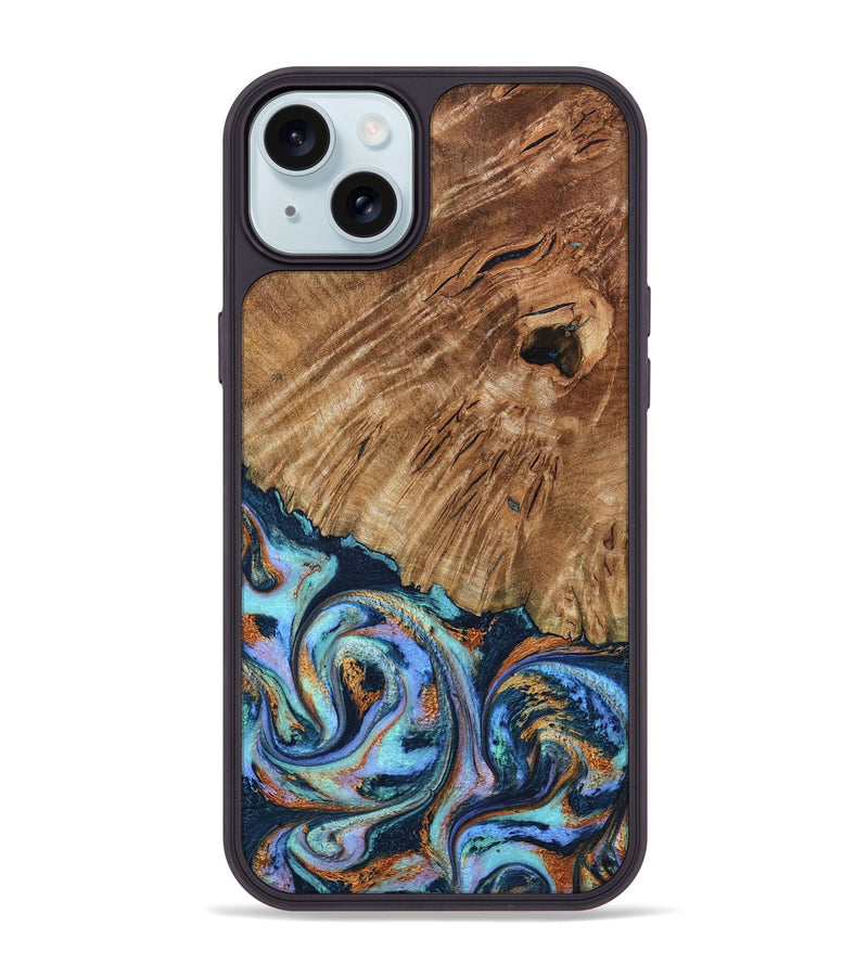 iPhone 15 Plus Wood Phone Case - Hermon (Teal & Gold, 798667)