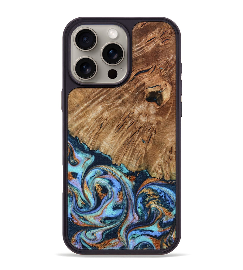 iPhone 16 Pro Max Wood Phone Case - Hermon (Teal & Gold, 798667)