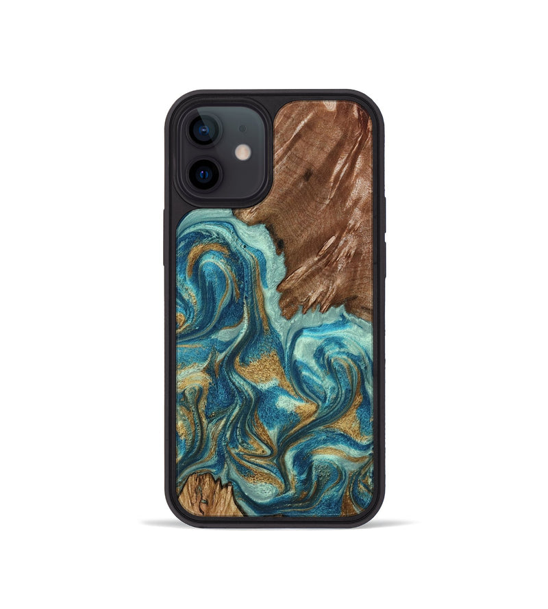 iPhone 12 mini Wood Phone Case - Anita (Teal & Gold, 798668)