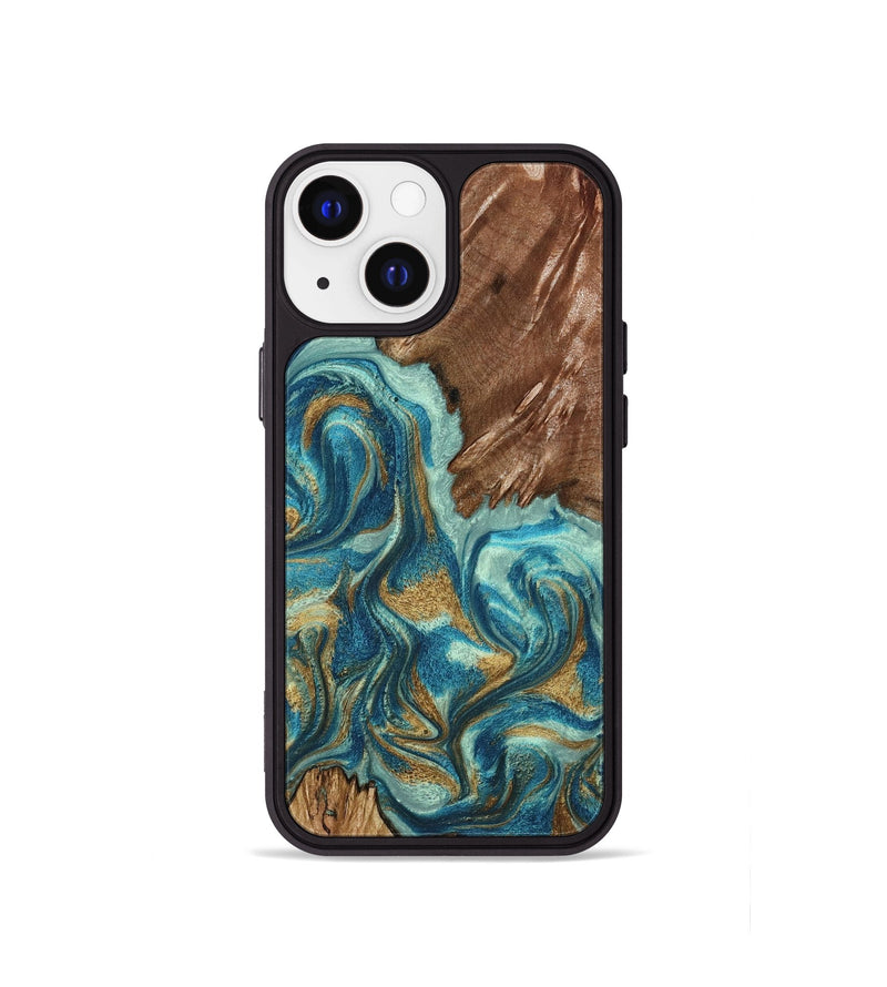 iPhone 13 mini Wood Phone Case - Anita (Teal & Gold, 798668)
