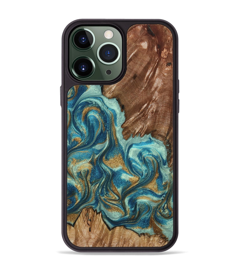 iPhone 13 Pro Max Wood Phone Case - Anita (Teal & Gold, 798668)