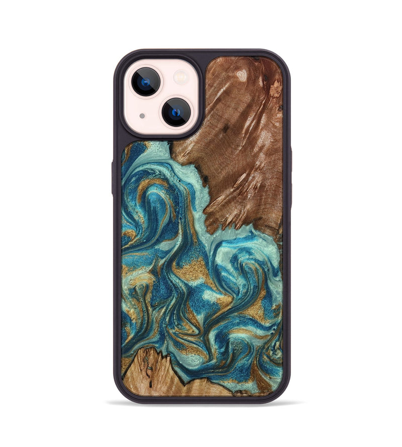iPhone 14 Wood Phone Case - Anita (Teal & Gold, 798668)