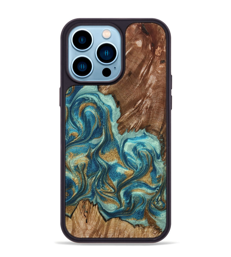 iPhone 14 Pro Max Wood Phone Case - Anita (Teal & Gold, 798668)