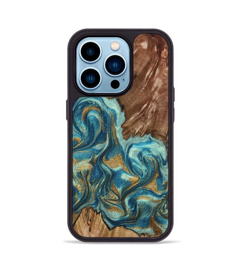 iPhone 14 Pro Wood Phone Case - Anita (Teal & Gold, 798668)