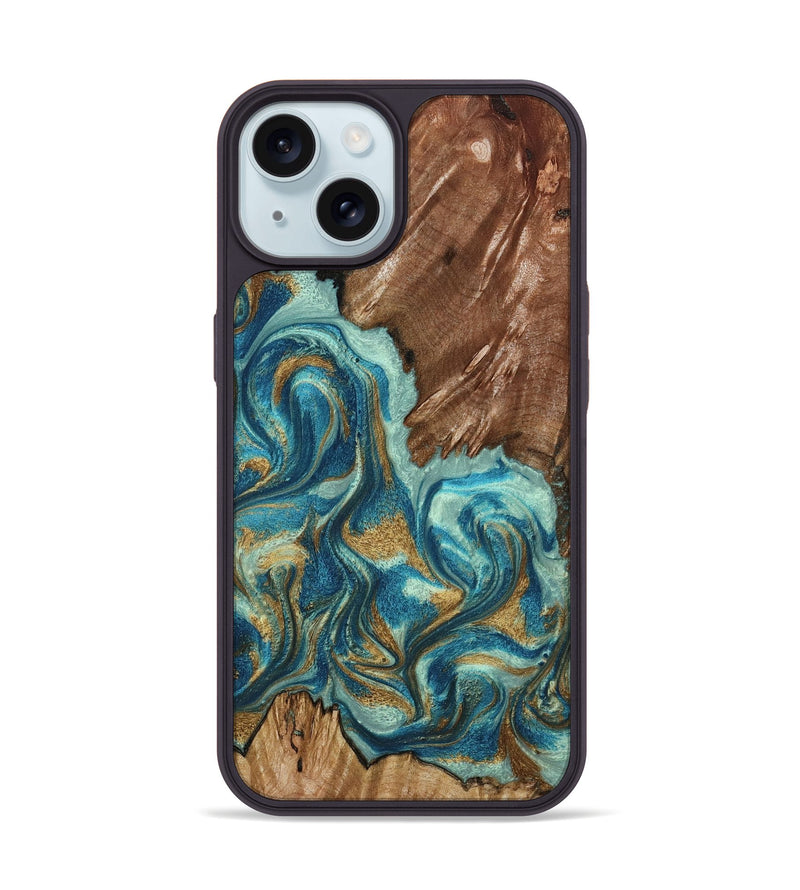 iPhone 15 Wood Phone Case - Anita (Teal & Gold, 798668)