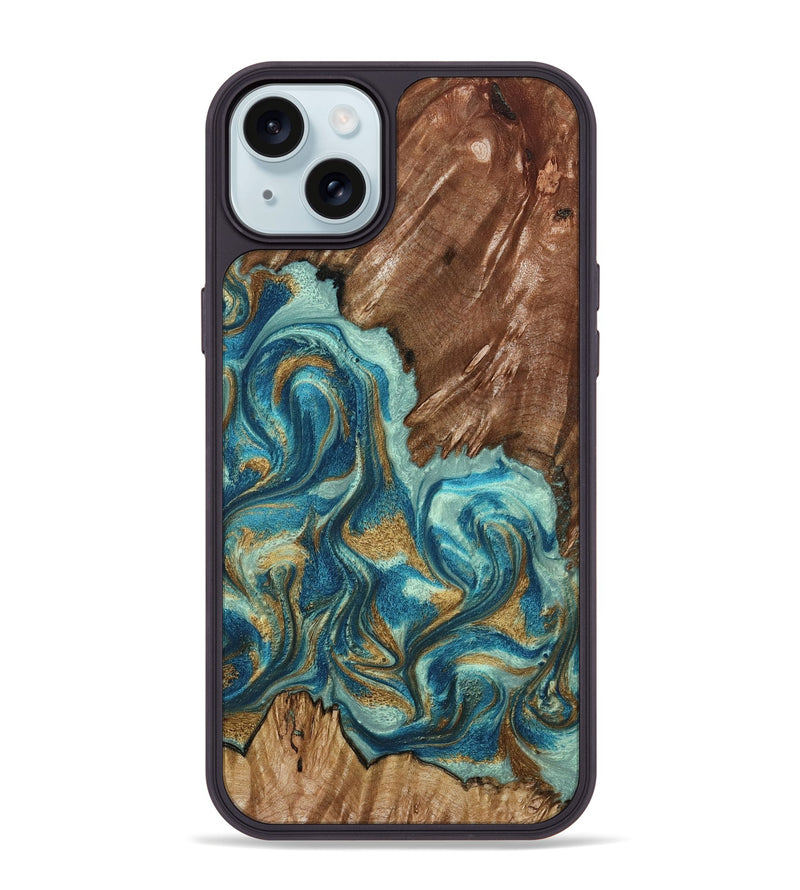 iPhone 15 Plus Wood Phone Case - Anita (Teal & Gold, 798668)