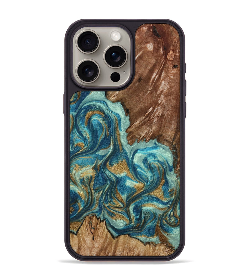 iPhone 15 Pro Max Wood Phone Case - Anita (Teal & Gold, 798668)