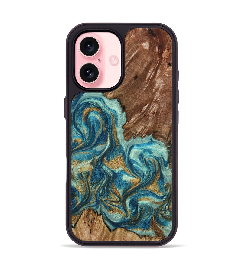 iPhone 16 Wood Phone Case - Anita (Teal & Gold, 798668)