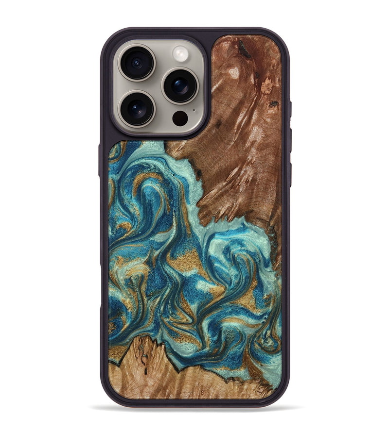 iPhone 16 Pro Max Wood Phone Case - Anita (Teal & Gold, 798668)