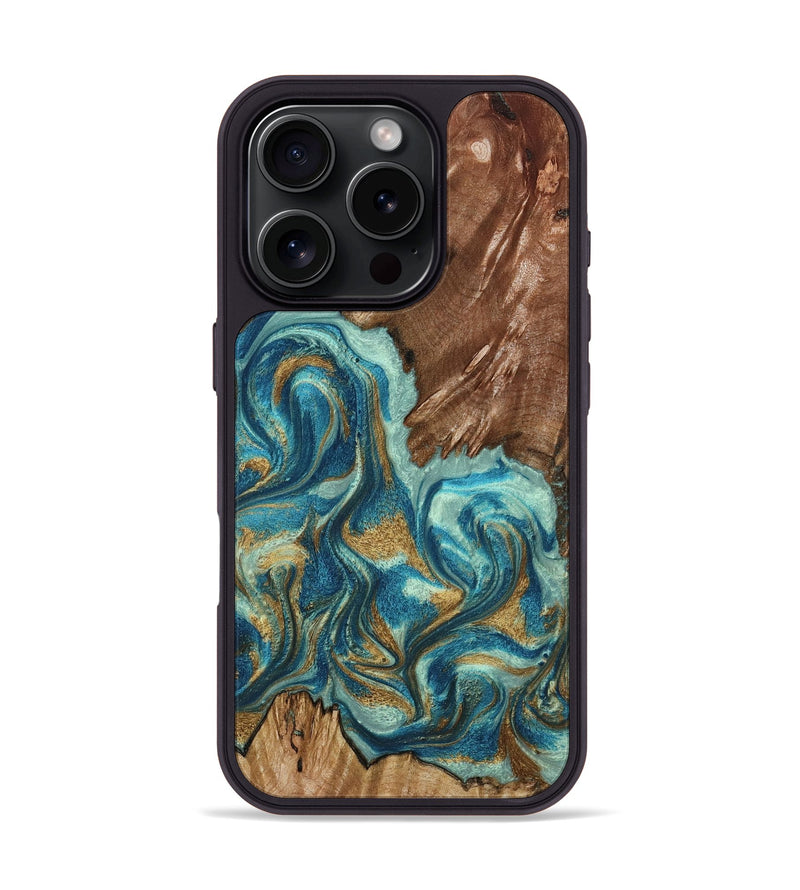 iPhone 16 Pro Wood Phone Case - Anita (Teal & Gold, 798668)