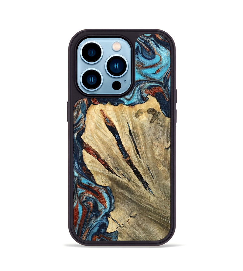 iPhone 14 Pro Wood Phone Case - Halley (Teal & Gold, 798674)