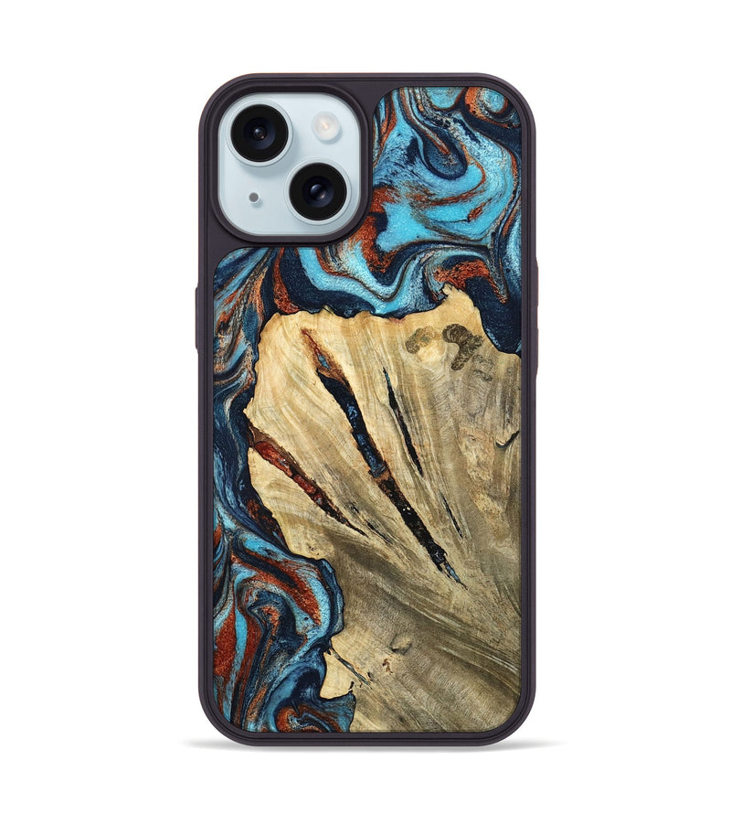iPhone 15 Wood Phone Case - Halley (Teal & Gold, 798674)