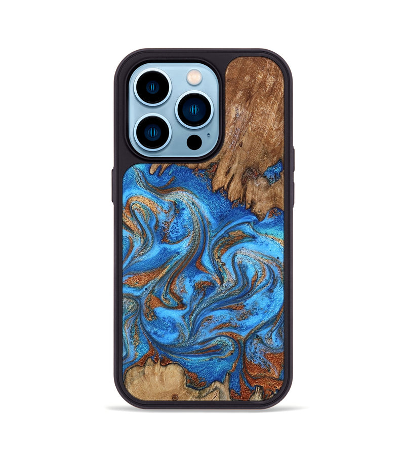 iPhone 14 Pro Wood Phone Case - Aziel (Teal & Gold, 798675)