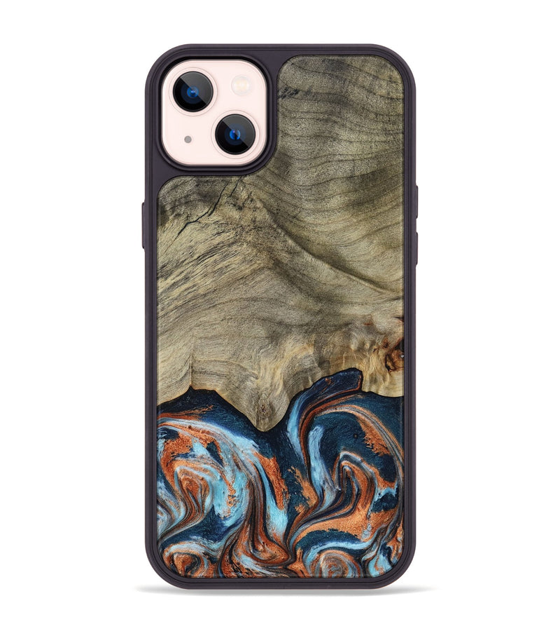 iPhone 14 Plus Wood Phone Case - Brown (Teal & Gold, 798679)