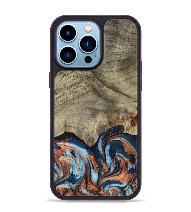 iPhone 14 Pro Max Wood Phone Case - Brown (Teal & Gold, 798679)
