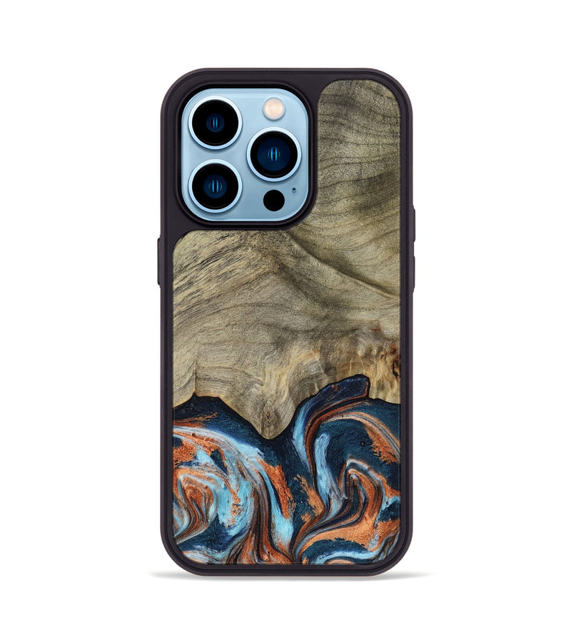 iPhone 14 Pro Wood Phone Case - Brown (Teal & Gold, 798679)