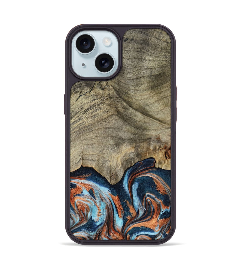 iPhone 15 Wood Phone Case - Brown (Teal & Gold, 798679)