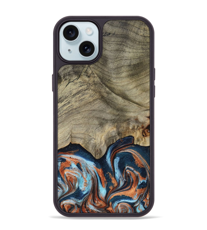 iPhone 15 Plus Wood Phone Case - Brown (Teal & Gold, 798679)