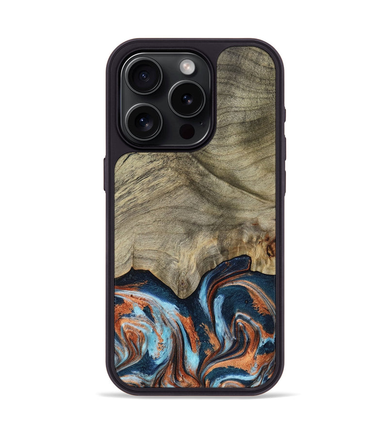 iPhone 15 Pro Wood Phone Case - Brown (Teal & Gold, 798679)