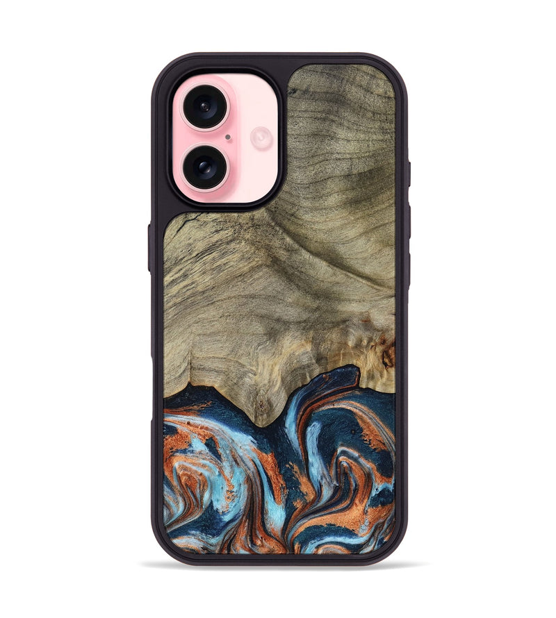 iPhone 16 Wood Phone Case - Brown (Teal & Gold, 798679)