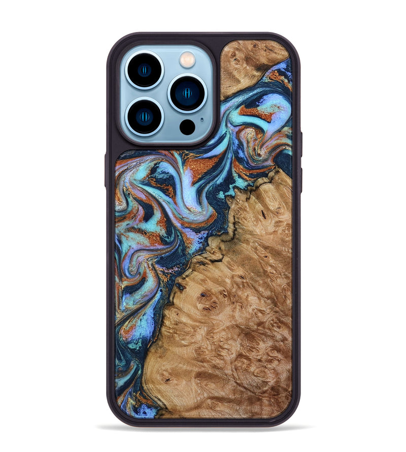 iPhone 14 Pro Max Wood Phone Case - Analia (Teal & Gold, 798680)