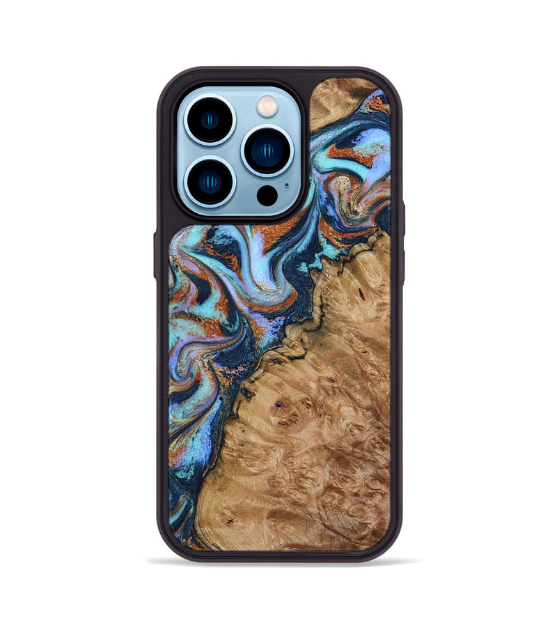 iPhone 14 Pro Wood Phone Case - Analia (Teal & Gold, 798680)