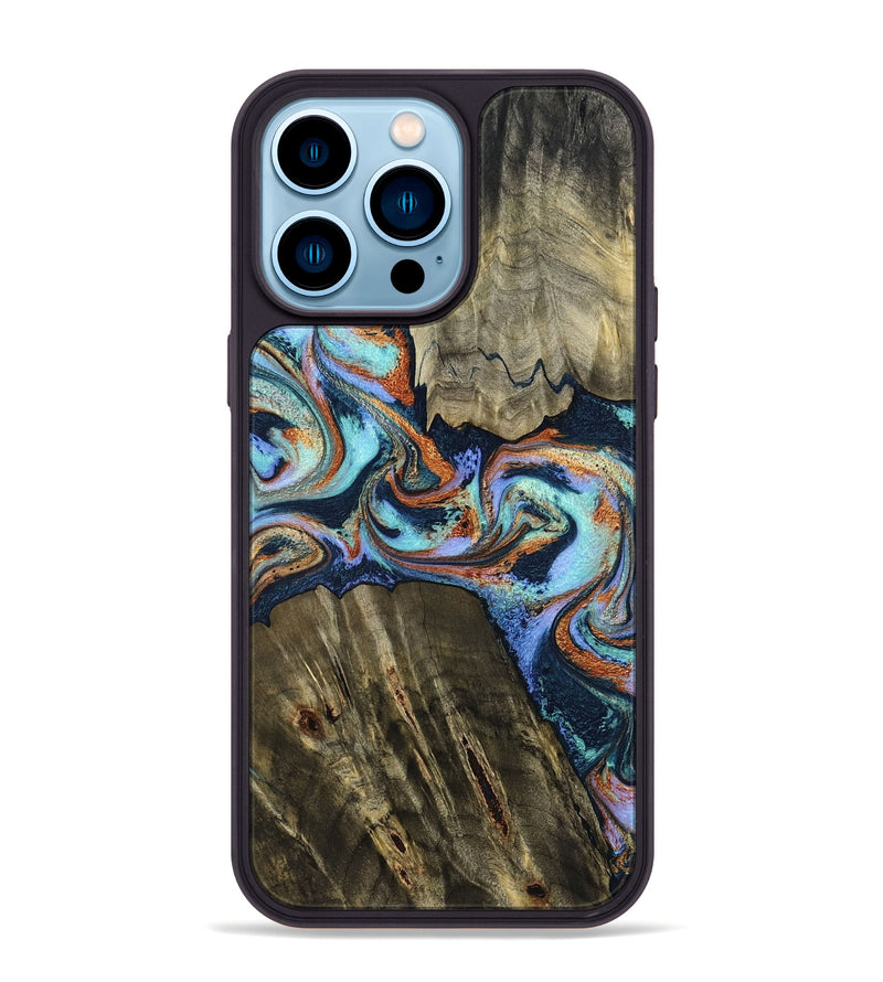 iPhone 14 Pro Max Wood Phone Case - Johnny (Teal & Gold, 798682)