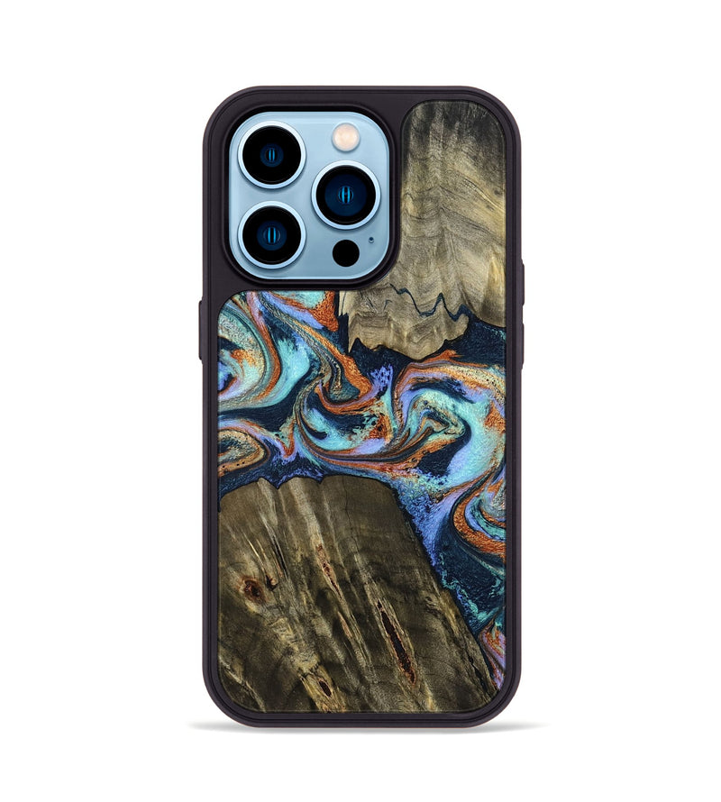 iPhone 14 Pro Wood Phone Case - Johnny (Teal & Gold, 798682)